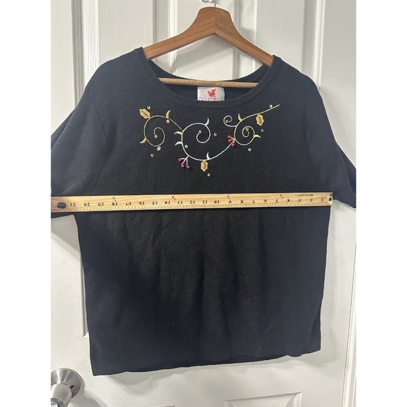 Quacker Factory Black Embellished Holly Berry Cardigan Zip Sweater Set Size XL - Picture 9 of 16